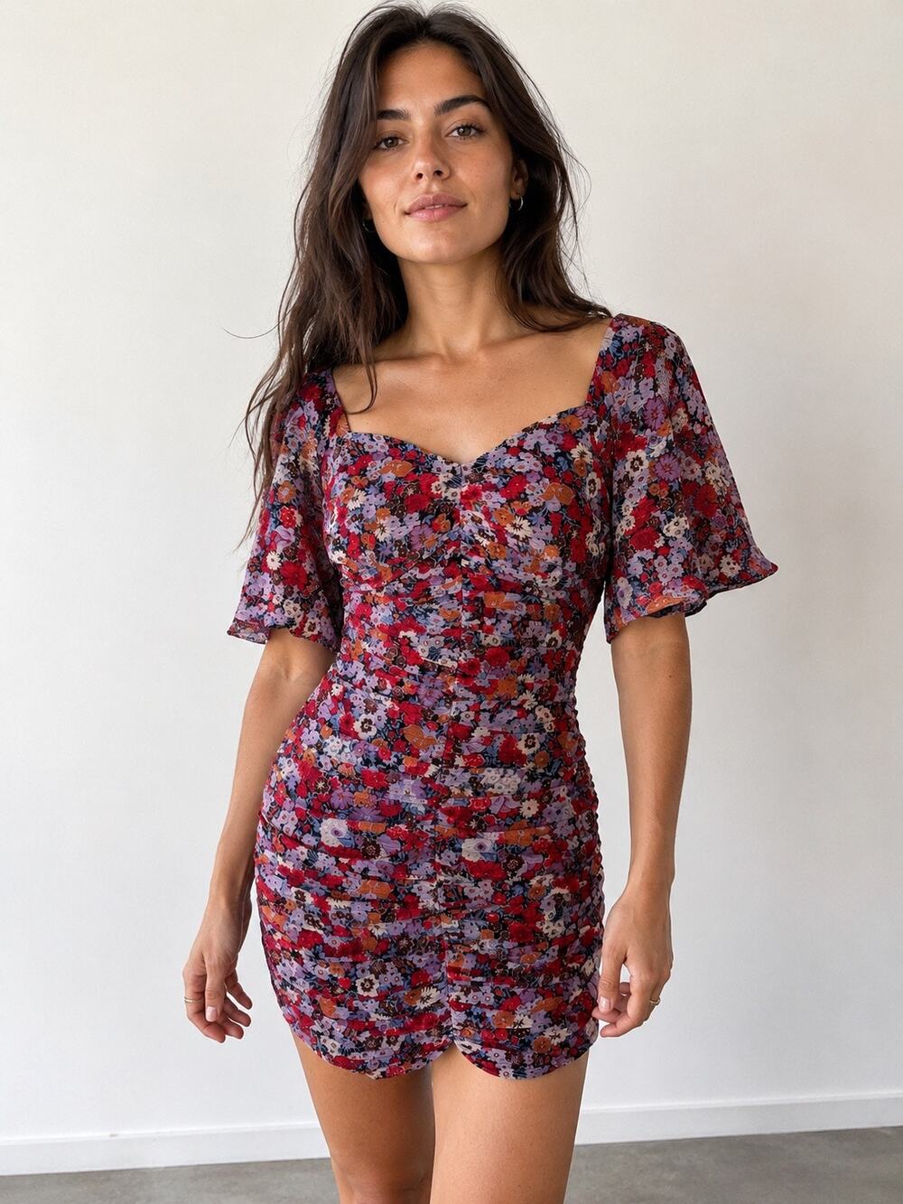 Zara Floral Ruched Mini Dress XS Sweetheart Neckline Puff Sleeve Bodycon
